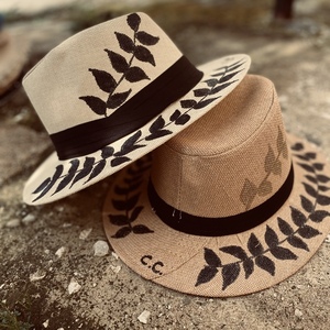 Ψάθινο καπέλο χειροποίητο - summer leaves - ζωγραφισμένα στο χέρι, απαραίτητα καλοκαιρινά αξεσουάρ, ψάθινα - 3