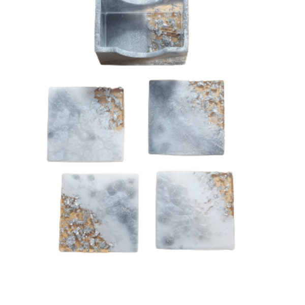 Σετ Σουβέρ 4 τεμαχίων με θήκη για αποθήκευση σε λευκό και ασημί και φύλλα ασημένια - ρητίνη, σουβέρ, εποξική ρητίνη, πιατάκια & δίσκοι