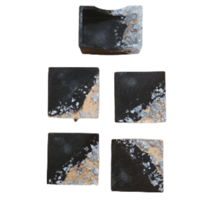 Σετ Σουβέρ 4 τεμαχίων με θήκη για αποθήκευση σε μαύρο και ασημί και φύλλα ασημένια - γυαλί, ρητίνη, σουβέρ, πιατάκια & δίσκοι