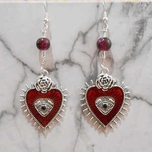 Σκουλαρίκια κόκκινη καρδια μάτι Evil Eye Gothic Earrings Red Heart jewelry - καρδιά, χάντρες, ατσάλι, κρεμαστά, γάντζος - 3