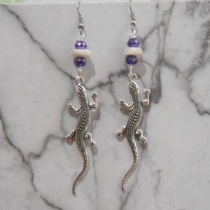 Σκουλαρίκια με charms και χάντρες Lizard earrings - χάντρες, ατσάλι, μεταλλικά στοιχεία, κρεμαστά, γάντζος - 3