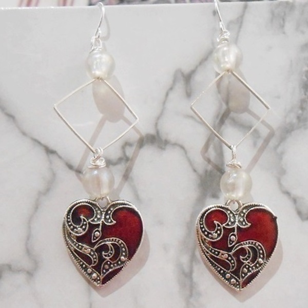 Σκουλαρίκια καρδιά με μεταλλικά στοιχεία και χάντρες Gothic heart Earrings Red Heart jewelry - καρδιά, χάντρες, ατσάλι, κρεμαστά, γάντζος - 3