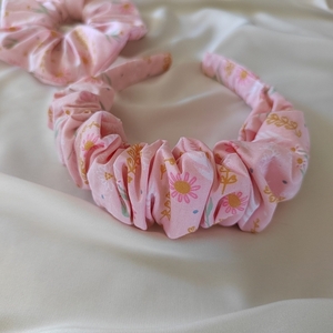 Χειροποίητη scrunchie Στέκα μαλλιών ροζ βαμβακερη με λουλούδια. 1 τμχ 40 εκ - ύφασμα, στέκες, δώρο γεννεθλίων - 2