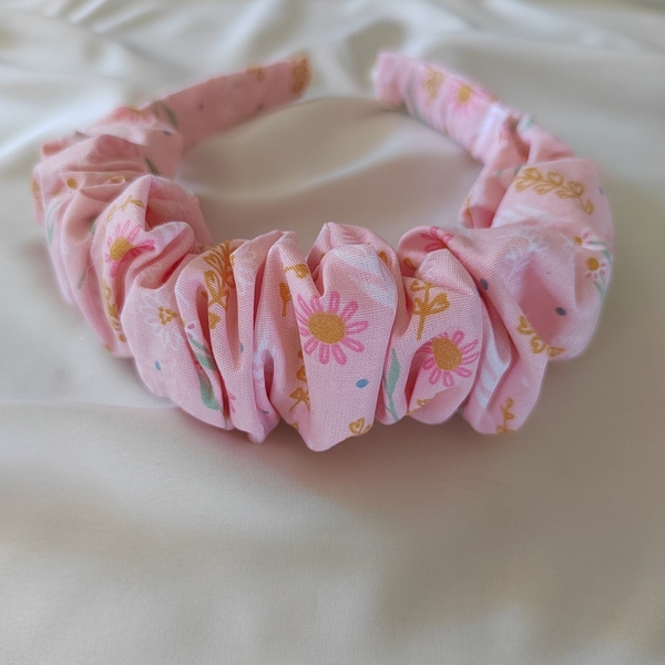 Χειροποίητη scrunchie Στέκα μαλλιών ροζ βαμβακερη με λουλούδια. 1 τμχ 40 εκ - ύφασμα, στέκες, ανοιξιάτικα λουλούδια, δώρο γεννεθλίων - 3