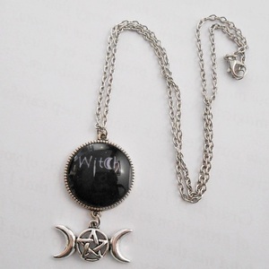 Κολιέ γυαλί με charm Witch pendant Triple moon - γυαλί, φεγγάρι, μεταλλικά στοιχεία, μενταγιόν