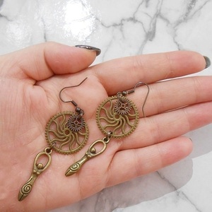 Σκουλαρίκια με γρανάζια και charms, κρεμαστά Steampunk Gear Earrings Triple goddess - μπρούντζος, κρεμαστά, γάντζος - 4