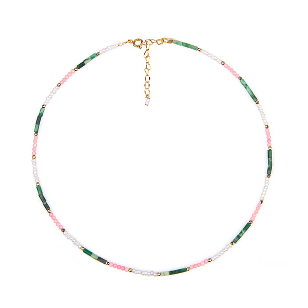 ΧΕΙΡΟΠΟΙΗΤΟ ΚΟΛΙΕ BOHO CHIC NECKLACE GREEN & PINK - επιχρυσωμένα, τσόκερ, χάντρες, κοντά