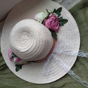 Ροζ καπέλο ρομαντικό με λουλούδια και δαντέλα - διακοσμητικά - 2