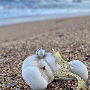 Γοργόνα με πέρλα σκουλαρίκια, φυσικό μαργαριτάρι - ορείχαλκος, ασήμι 925, μπρούντζος