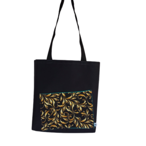 Γυναικεία χειροποίητη τσάντα ώμου / tote bag από ύφασμα με θέμα μαύρο με χρυσές λεπτομέρειες - ύφασμα, ώμου, all day, tote, πάνινες τσάντες