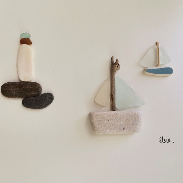 Καδράκι με βότσαλα και γυαλάκια της θάλασσας, Σέριφος - πίνακες & κάδρα, καραβάκι