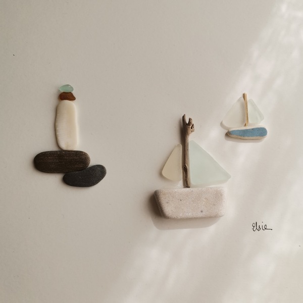 Καδράκι με βότσαλα και γυαλάκια της θάλασσας, Σέριφος - πίνακες & κάδρα, καραβάκι - 4