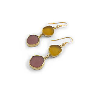 "Multi Colour Seaglass earrings" - Xειροποίητα επίχρυσα 18κ ματ σκουλαρίκια με φυσικά κίτρινα - ροζ γυαλάκια της θάλασσας! - γυαλί, επιχρυσωμένα, γάντζος, αυξομειούμενα