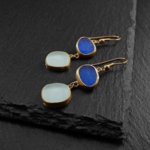 "Multi Colour Seaglass earrings" - Xειροποίητα επίχρυσα 18κ ματ σκουλαρίκια με φυσικά γαλάζιο - μπλε γυαλάκια της θάλασσας! - γυαλί, επιχρυσωμένα, κρεμαστά, γάντζος - 3