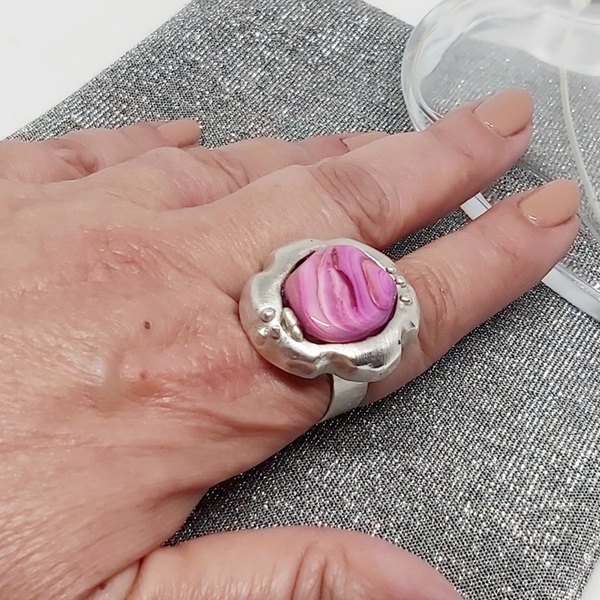 "Pink Stone Ring" - ασήμι 925, κορώνα, μεγάλα, αυξομειούμενα - 5