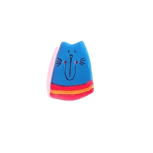 Καρφίτσα γάτα μπλε, κόκκινο&μουσταρδί - πηλός - 2