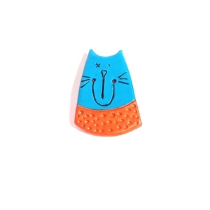 Καρφίτσα γάτα μπλε&πορτοκαλί - πηλός