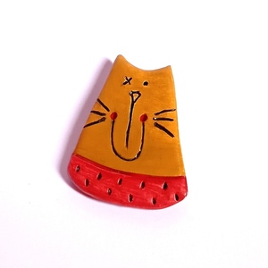 Καρφίτσα γάτα μουσταρδί& κόκκινο - πηλός