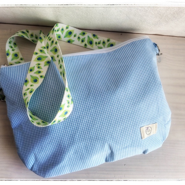 τσάντα χιαστί / ώμου , γαλάζιο καρό με πολύχρωμο ιμάντα - ύφασμα, clutch, χιαστί, μεγάλες, all day