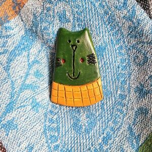 Καρφίτσα γάτα πράσινο& μουσταρδί - πηλός - 3