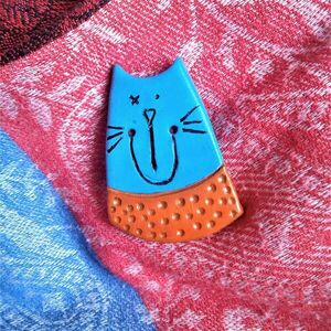 Καρφίτσα γάτα μπλε&πορτοκαλί - πηλός - 2