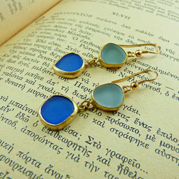 "Multi Colour Seaglass earrings" - Xειροποίητα επίχρυσα 18κ ματ σκουλαρίκια με φυσικά γαλάζιο - μπλε γυαλάκια της θάλασσας!! - γυαλί, επιχρυσωμένα, κρεμαστά, γάντζος - 4