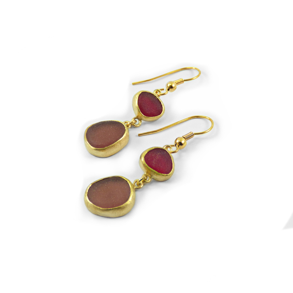 "Multi Colour Seaglass earrings" - Xειροποίητα επίχρυσα 18κ ματ σκουλαρίκια με φυσικά ροζ - κόκκινα γυαλάκια της θάλασσας! - γυαλί, επιχρυσωμένα, κρεμαστά, γάντζος