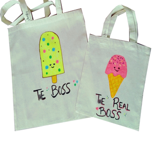 Πάνινες τσάντες εκρού ζωγραφισμένες σετ μαμά-κόρη Boss-Real boss "Παγωτό" (42cm-31cm) - ύφασμα, ώμου, παγωτό, tote, πάνινες τσάντες