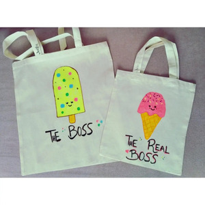 Πάνινες τσάντες εκρού ζωγραφισμένες σετ μαμά-κόρη Boss-Real boss "Παγωτό" (42cm-31cm) - ύφασμα, ώμου, παγωτό, tote, πάνινες τσάντες - 2