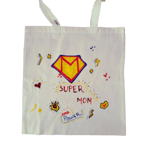 Πάνινη τσάντα εκρού ζωγραφισμένη "Super mom"(42*38cm) - ύφασμα, ώμου, tote, πάνινες τσάντες
