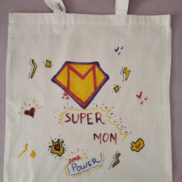 Πάνινη τσάντα εκρού ζωγραφισμένη "Super mom"(42*38cm) - ύφασμα, ώμου, tote, πάνινες τσάντες - 2