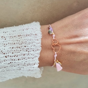 Βραχιόλι με καρδιές, soft pink - νήμα, καρδιά, swarovski, αυξομειούμενα - 2
