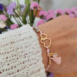 Βραχιόλι με καρδιές, soft pink - νήμα, καρδιά, swarovski, αυξομειούμενα - 3