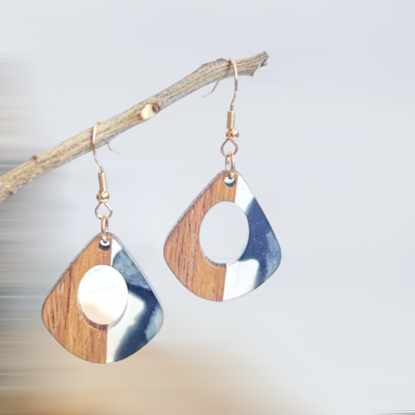 Σκουλαρίκια χειροποίητα από φυσικό ξύλο και υγρό γυαλί WOODY Blue - ξύλο, καλοκαιρινό, γυαλί, ορείχαλκος, κρεμαστά - 3