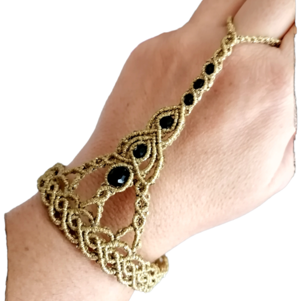 Slave macrame endless hearts bracelet - Gold - γυαλί, μακραμέ, κορδόνια, χεριού, αυξομειούμενα