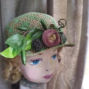 Παιδικό Ψάθινο καπέλο διακοσμημένο , φυσικό με πράσινο , περίμετρος 48 και 49 εκ - κορίτσι, λουλούδια, ψάθινα - 2