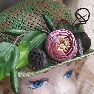 Παιδικό Ψάθινο καπέλο διακοσμημένο , φυσικό με πράσινο , περίμετρος 48 και 49 εκ - κορίτσι, λουλούδια, ψάθινα - 3