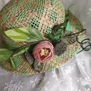 Παιδικό Ψάθινο καπέλο διακοσμημένο , φυσικό με πράσινο , περίμετρος 48 και 49 εκ - κορίτσι, λουλούδια, ψάθινα - 4