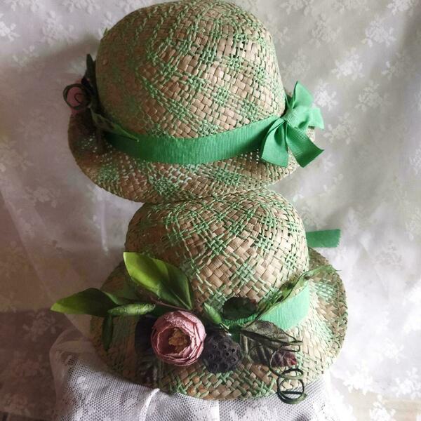 Παιδικό Ψάθινο καπέλο διακοσμημένο , φυσικό με πράσινο , περίμετρος 48 και 49 εκ - κορίτσι, λουλούδια, ψάθινα - 5