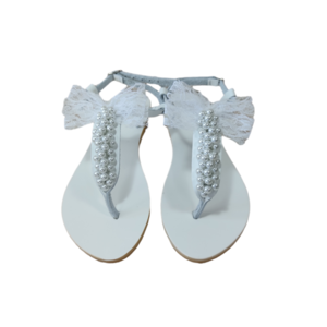 Σανδάλια νυφικά λευκά με πέρλες και φιόγκο δαντέλα - δέρμα, πέρλες, νυφικά, φλατ, ankle strap