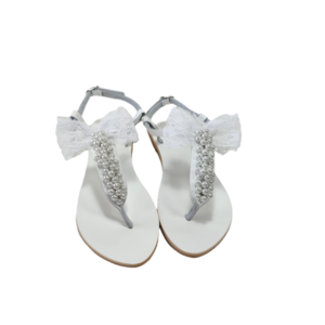 Σανδάλια νυφικά λευκά με πέρλες και φιόγκο δαντέλα - δέρμα, πέρλες, νυφικά, φλατ, ankle strap - 5