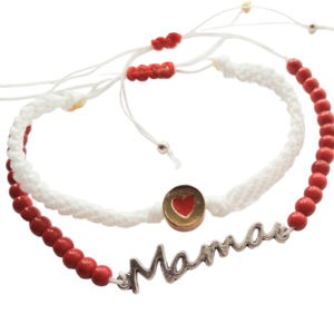 Σετ από δύο Μπρασελέ για τη Μαμά κόκκινο - λευκό - charms, νήμα, μαμά, ατσάλι