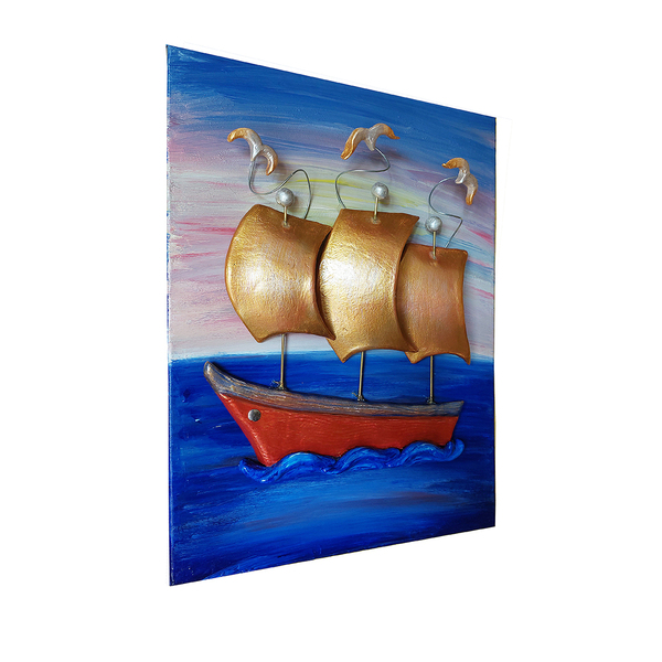 3D Πίνακας ζωγραφικής με καράβι από πηλό 30x40x3cm - πίνακες & κάδρα, καράβι, πίνακες ζωγραφικής - 2