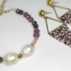 ΣΕΤ σκουλαρίκια με βραχιόλι ροζέ - πράσινο. - ημιπολύτιμες πέτρες, μαργαριτάρι, miyuki delica, ατσάλι, σετ κοσμημάτων