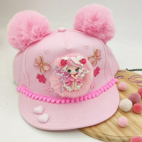 Καπέλο jockey υφασμάτινο για κορίτσι 2-6 ετών με νεράϊδα σε ροζ χρωμα - κορίτσι, καπέλα - 2