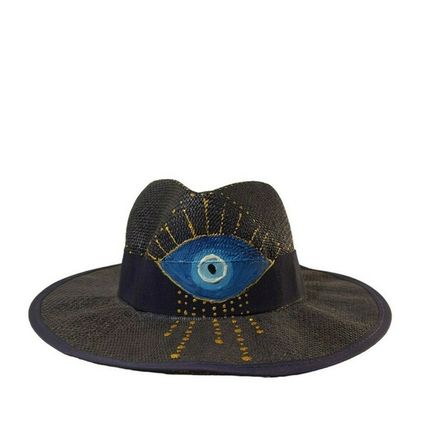 '' THE EVIL EYE HAT ''Καπέλο μπλε από χαρτί ζωγραφισμένο στο χέρι - ύφασμα, ψάθινα