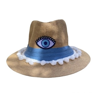 Καπέλο Παναμα - light blue evil eye - pom pom, απαραίτητα καλοκαιρινά αξεσουάρ, ψάθινα