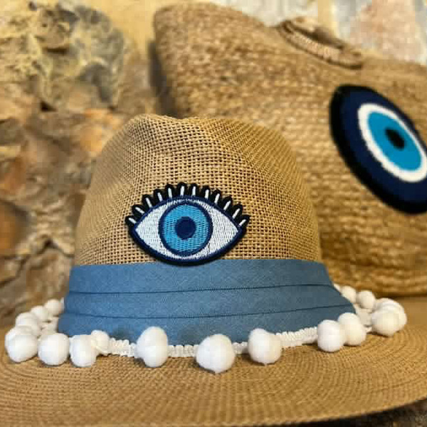Καπέλο Παναμα - light blue evil eye - pom pom, απαραίτητα καλοκαιρινά αξεσουάρ, ψάθινα - 2