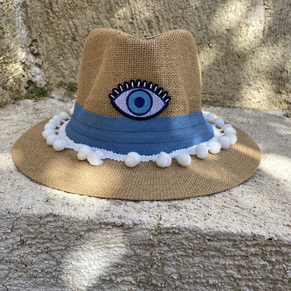 Καπέλο Παναμα - light blue evil eye - pom pom, απαραίτητα καλοκαιρινά αξεσουάρ, ψάθινα - 3