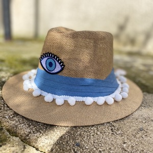 Καπέλο Παναμα - light blue evil eye - pom pom, απαραίτητα καλοκαιρινά αξεσουάρ, ψάθινα - 5